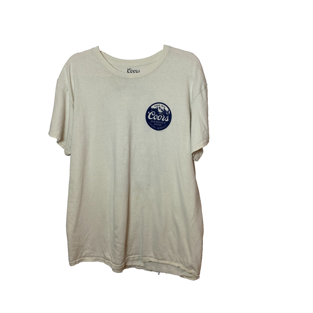 Coors Beer T-Shirt Sz L Two-Sided Cream Navy Graphic SOME PILLING**